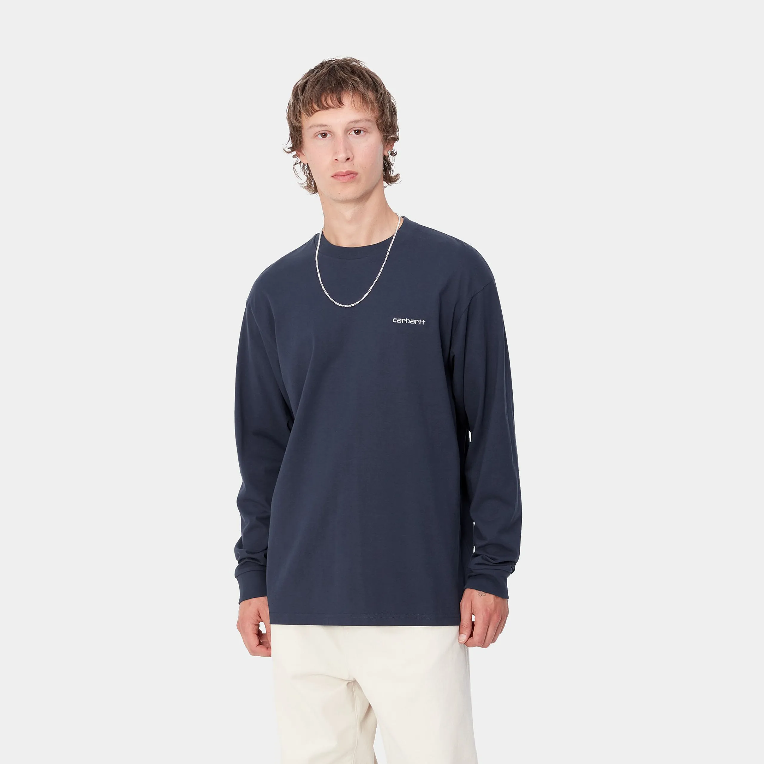 T-Shirts & Polos>Carhartt WIP L/S Script Embroidery T-Shirt Air Force Blue / White
