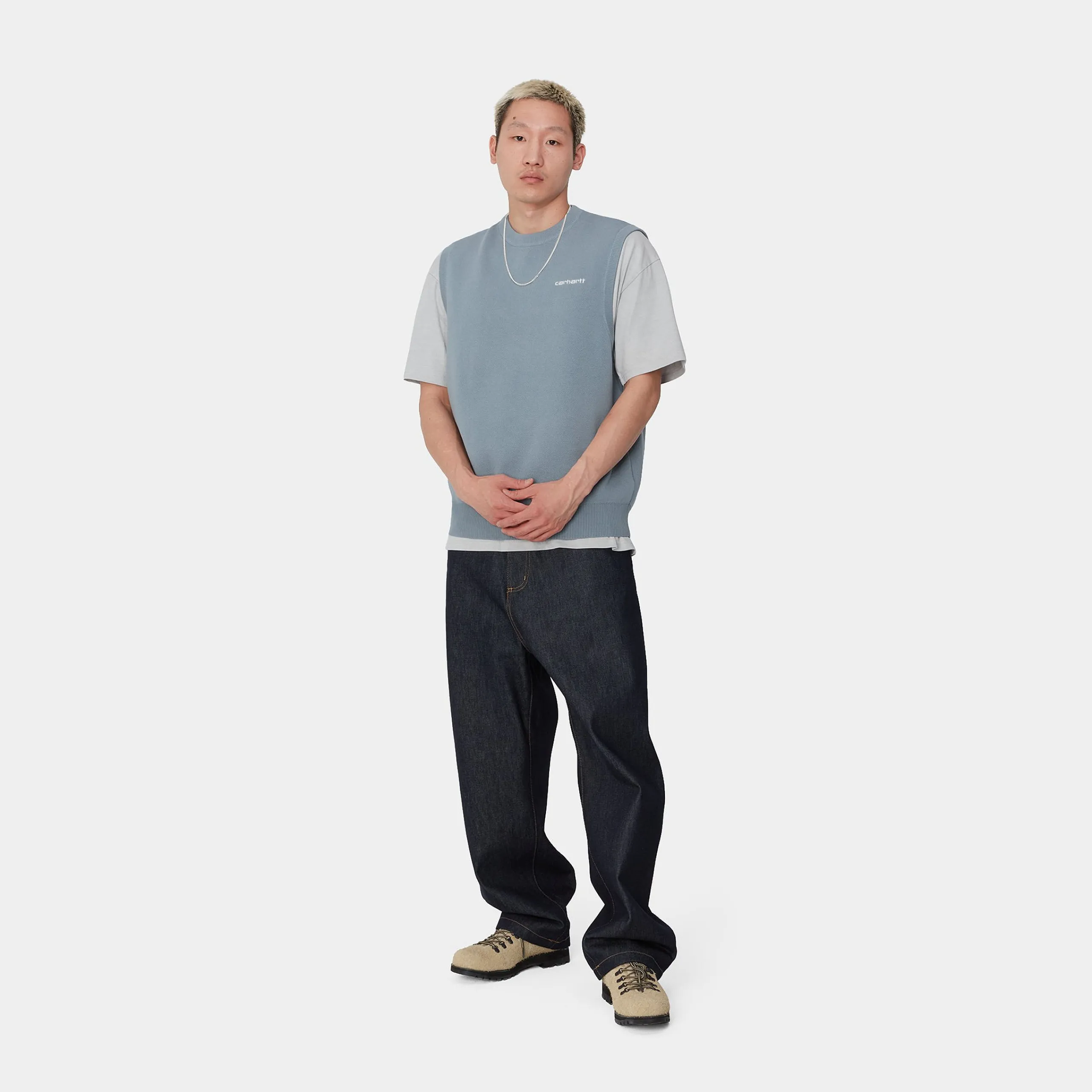 Sweats>Carhartt WIP Script Vest Sweater Misty Sky / White