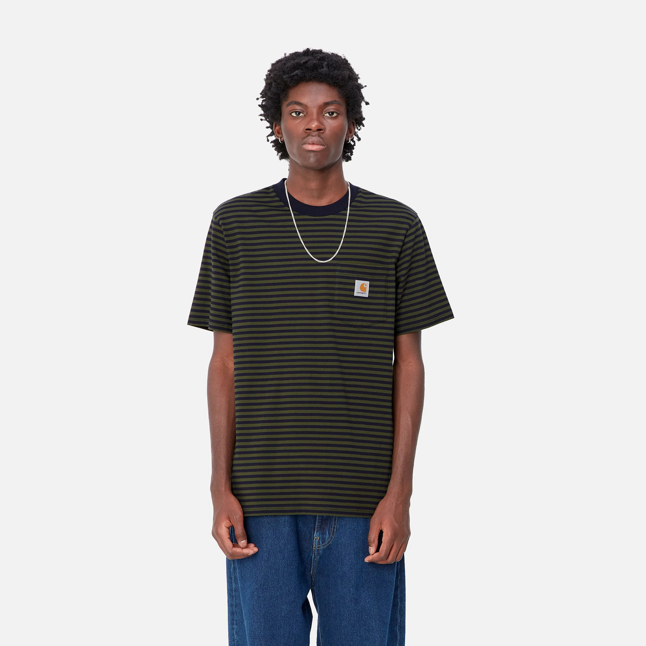 T-Shirts & Polos>Carhartt WIP S/S Verner Pocket T-Shirt Verner Stripe, Dark Navy / Office Green