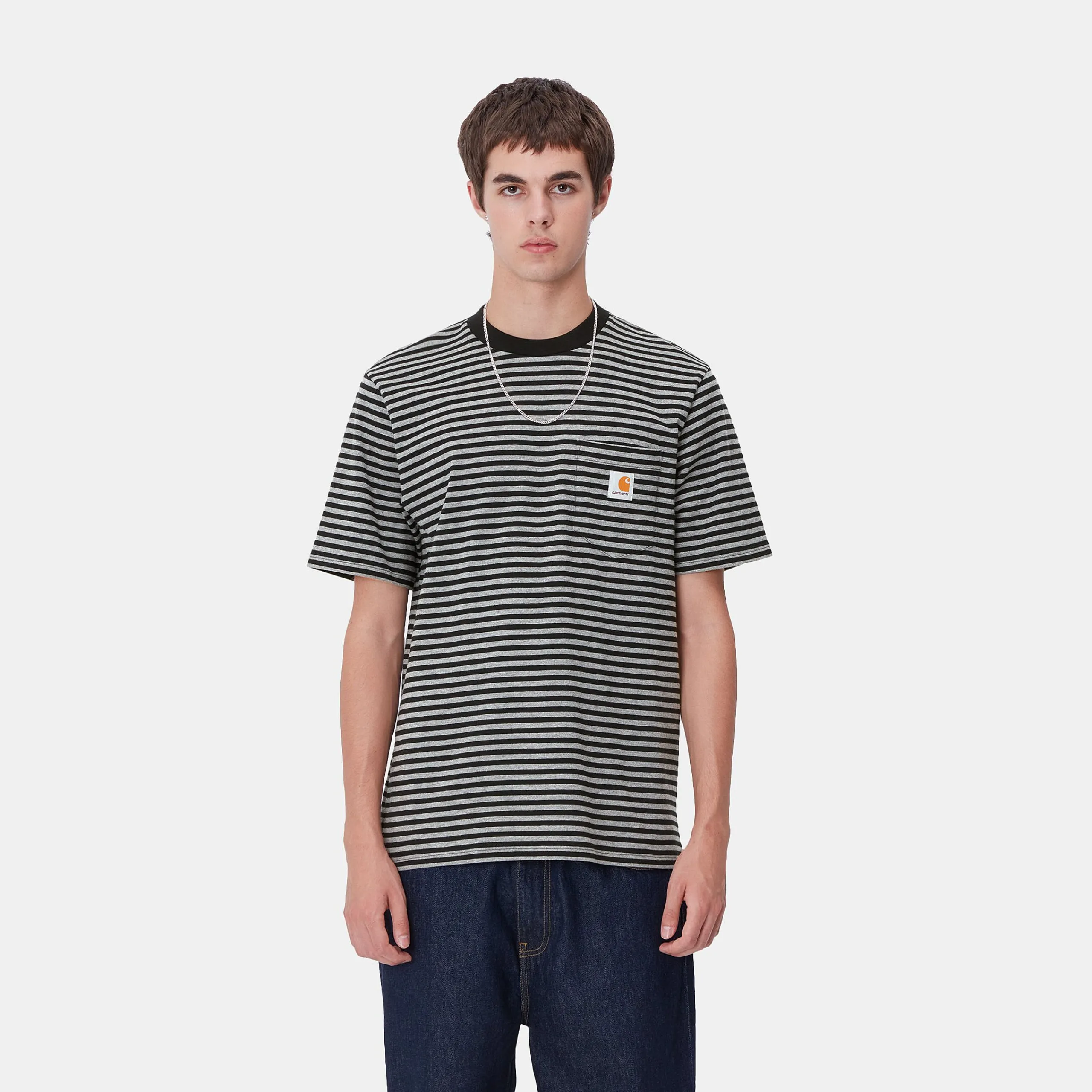 T-Shirts & Polos>Carhartt WIP S/S Verner Pocket T-Shirt Verner Stripe, Black / Dark Grey Heather